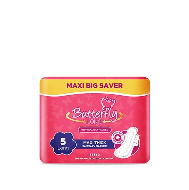 Butterfly Long Maxi Thick Sanitary Napkins, Long, 5-Pads, Maxi Big Saver